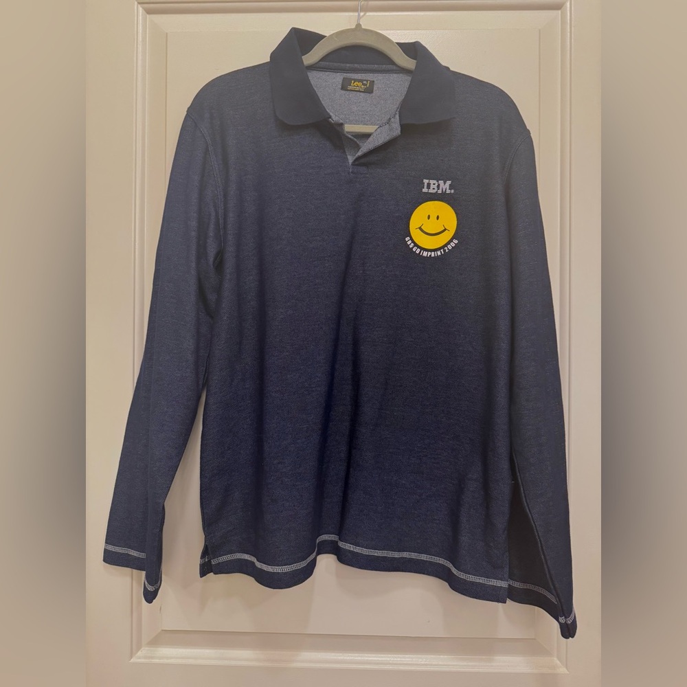 Lee Stretch Denim Navy Long Sleeve Polo Shirt IBM Logo